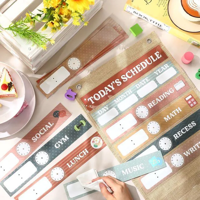 Alt view image 5 of 7 - Burlap Daily Schedule Pocket Chart with 31 Reusable Cards and 14 Pockets Retro Rainbow Classroom Decor Farmhouse Schedule Charts Decorations for Back to School Office Home Educational Activity