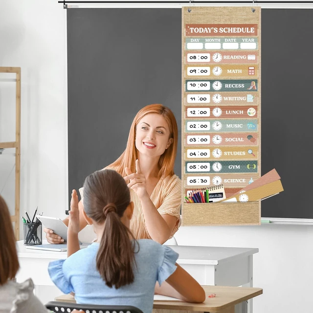 Alt view image 7 of 7 - Burlap Daily Schedule Pocket Chart with 31 Reusable Cards and 14 Pockets Retro Rainbow Classroom Decor Farmhouse Schedule Charts Decorations for Back to School Office Home Educational Activity