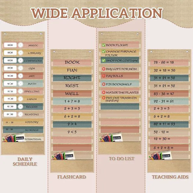 Alt view image 6 of 7 - Burlap Daily Schedule Pocket Chart with 31 Reusable Cards and 14 Pockets Retro Rainbow Classroom Decor Farmhouse Schedule Charts Decorations for Back to School Office Home Educational Activity