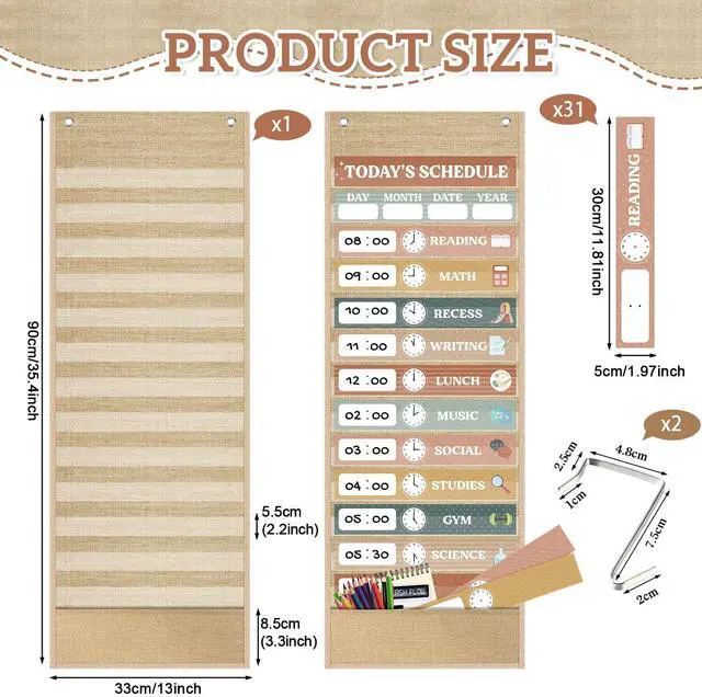 Alt view image 2 of 7 - Burlap Daily Schedule Pocket Chart with 31 Reusable Cards and 14 Pockets Retro Rainbow Classroom Decor Farmhouse Schedule Charts Decorations for Back to School Office Home Educational Activity