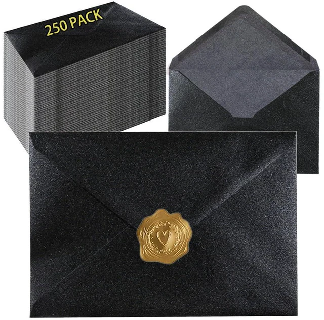 Main image of A7 Black 5x7 Envelopes 250Pcs, 120g Pearl Paper with Gold Stickers Premium 120g Pearl Glitter Paper, Printable & Writable, for Wedding Invitations, Baby Shower, Christmas, Graduation Party