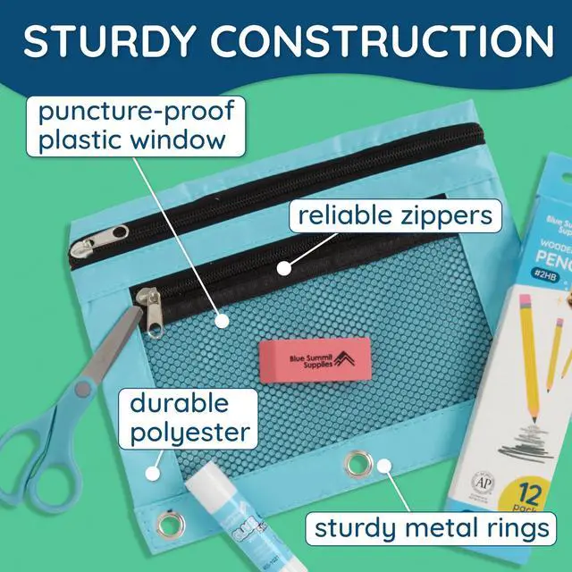 Alt view image 3 of 7 - 30 Pencil Pouches, 3 Ring, Mesh Window, Assorted 9.8 x 7.4 in Nylon Pouch and Pencil Case, Double Zipper, Mesh Window, 3 Ring, for Binders and School Supplies