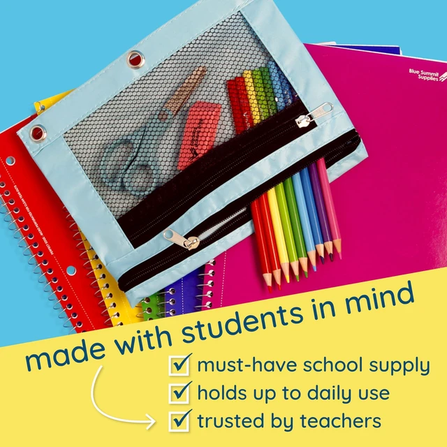 Alt view image 5 of 7 - 30 Pencil Pouches, 3 Ring, Mesh Window, Assorted 9.8 x 7.4 in Nylon Pouch and Pencil Case, Double Zipper, Mesh Window, 3 Ring, for Binders and School Supplies