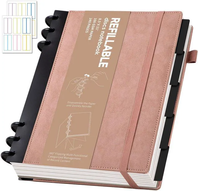 Main image of Refillable Notebooks for Work 5 Subject with Removable Dividers Tabs Pink,240 Pages Hardcover Leather Journals for Writing Large Discbound Planner Colleged Ruled Paper for Women Men,8.58 x 11