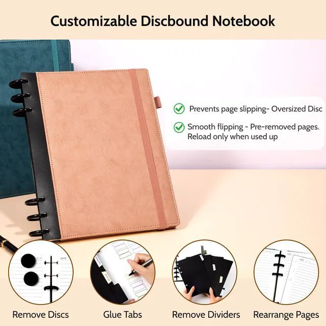 Alt view image 2 of 7 - Refillable Notebooks for Work 5 Subject with Removable Dividers Tabs Pink,240 Pages Hardcover Leather Journals for Writing Large Discbound Planner Colleged Ruled Paper for Women Men,8.58 x 11
