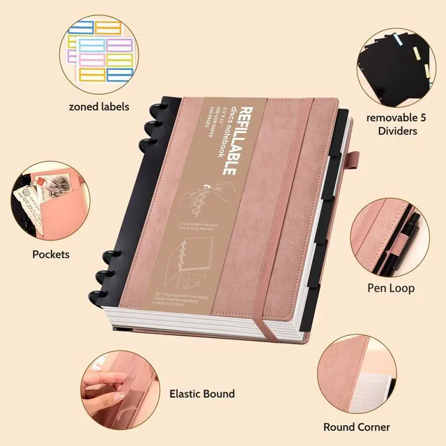 Alt view image 3 of 7 - Refillable Notebooks for Work 5 Subject with Removable Dividers Tabs Pink,240 Pages Hardcover Leather Journals for Writing Large Discbound Planner Colleged Ruled Paper for Women Men,8.58 x 11