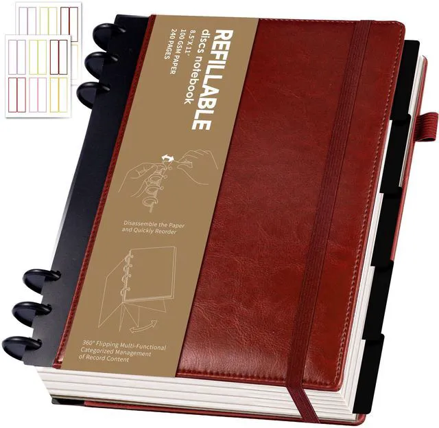 Main image of Refillable Notebooks for Work 5 Subject with Removable Dividers Tabs Red,240 Pages Hardcover Leather Journals for Writing Large Discbound Planner Colleged Ruled Paper for Women Men,8.58 x 11