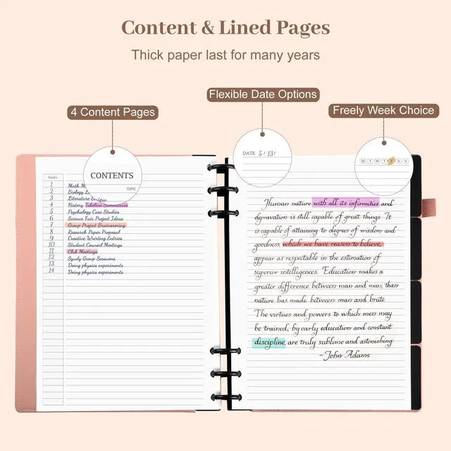 Alt view image 6 of 7 - Refillable Notebooks for Work 5 Subject with Removable Dividers Tabs Pink,240 Pages Hardcover Leather Journals for Writing Large Discbound Planner Colleged Ruled Paper for Women Men,8.58 x 11
