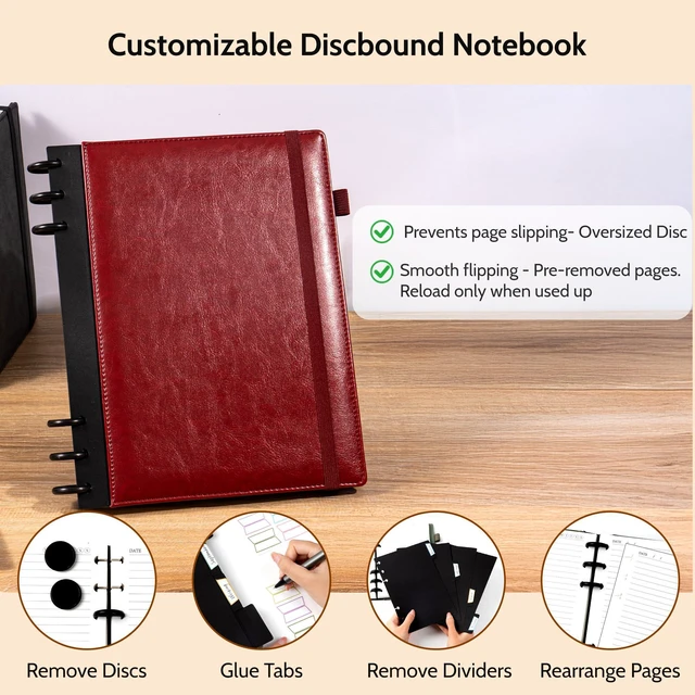 Alt view image 2 of 7 - Refillable Notebooks for Work 5 Subject with Removable Dividers Tabs Red,240 Pages Hardcover Leather Journals for Writing Large Discbound Planner Colleged Ruled Paper for Women Men,8.58 x 11