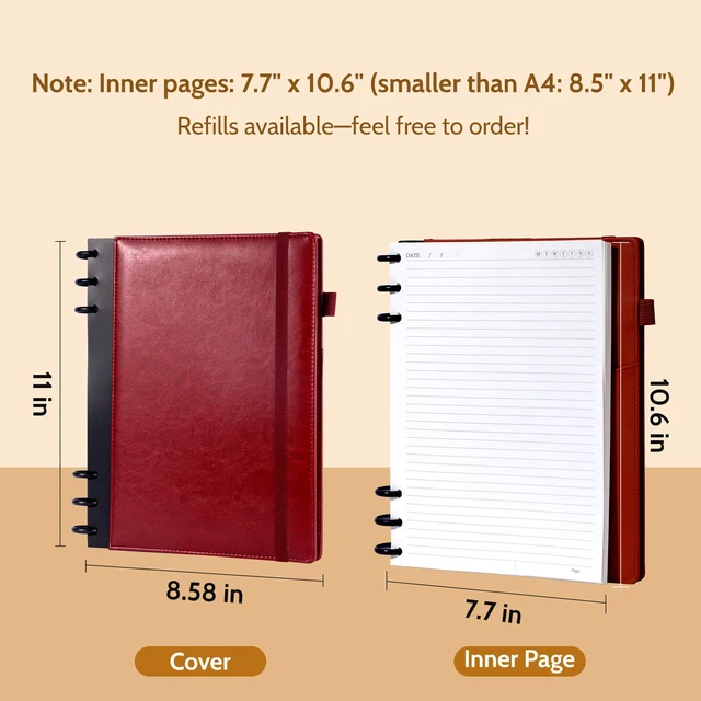 Alt view image 5 of 7 - Refillable Notebooks for Work 5 Subject with Removable Dividers Tabs Red,240 Pages Hardcover Leather Journals for Writing Large Discbound Planner Colleged Ruled Paper for Women Men,8.58 x 11