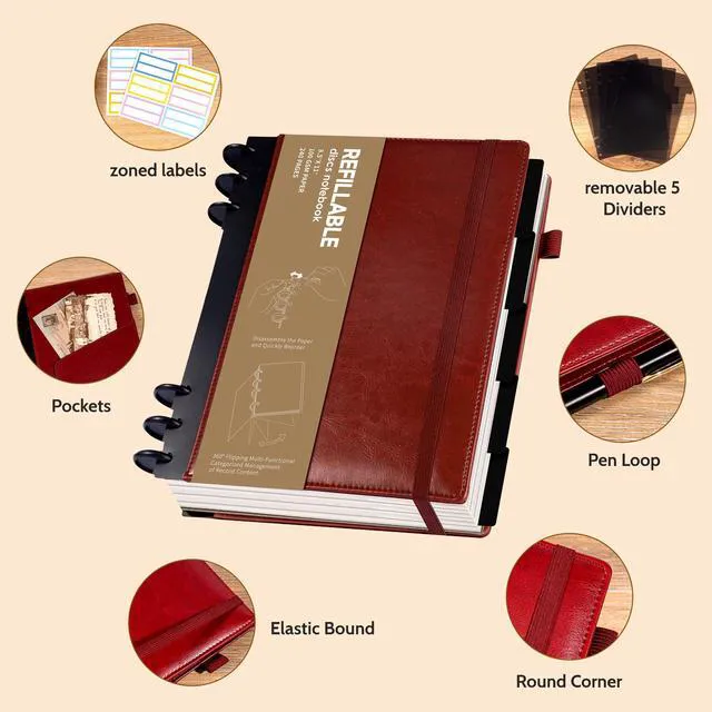 Alt view image 6 of 7 - Refillable Notebooks for Work 5 Subject with Removable Dividers Tabs Red,240 Pages Hardcover Leather Journals for Writing Large Discbound Planner Colleged Ruled Paper for Women Men,8.58 x 11