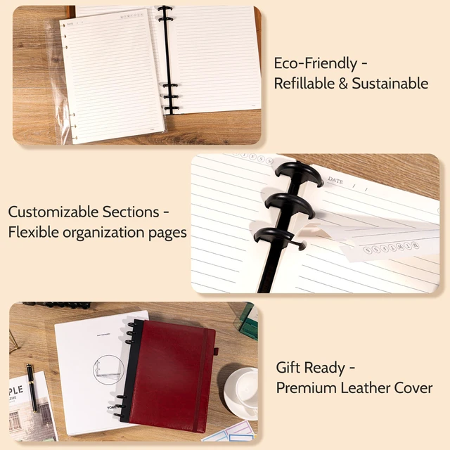 Alt view image 7 of 7 - Refillable Notebooks for Work 5 Subject with Removable Dividers Tabs Red,240 Pages Hardcover Leather Journals for Writing Large Discbound Planner Colleged Ruled Paper for Women Men,8.58 x 11