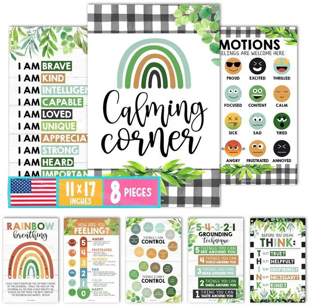 Main image of 8 Calming Corner Classroom Must Haves, Coping & Feelings Poster for Kids Calm Corner Posters with Emotions Chart, School Counselor Mental Health Posters, Feelings Wheel Calming Classroom Decor