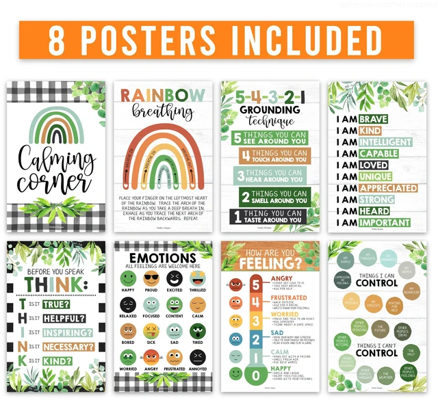 Alt view image 3 of 7 - 8 Calming Corner Classroom Must Haves, Coping & Feelings Poster for Kids Calm Corner Posters with Emotions Chart, School Counselor Mental Health Posters, Feelings Wheel Calming Classroom Decor