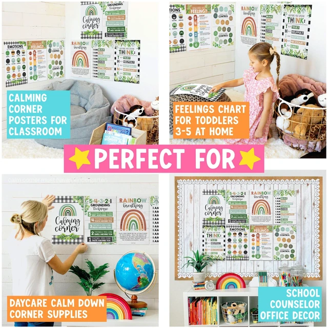 Alt view image 4 of 7 - 8 Calming Corner Classroom Must Haves, Coping & Feelings Poster for Kids Calm Corner Posters with Emotions Chart, School Counselor Mental Health Posters, Feelings Wheel Calming Classroom Decor