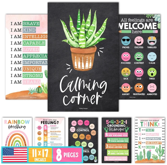 Main image of 8 Calming Corner Classroom Must Haves, Coping & Feelings Poster for Kids Calm Corner Posters with Emotions Chart, School Counselor Mental Health Posters, Feelings Wheel Calming Classroom Decor