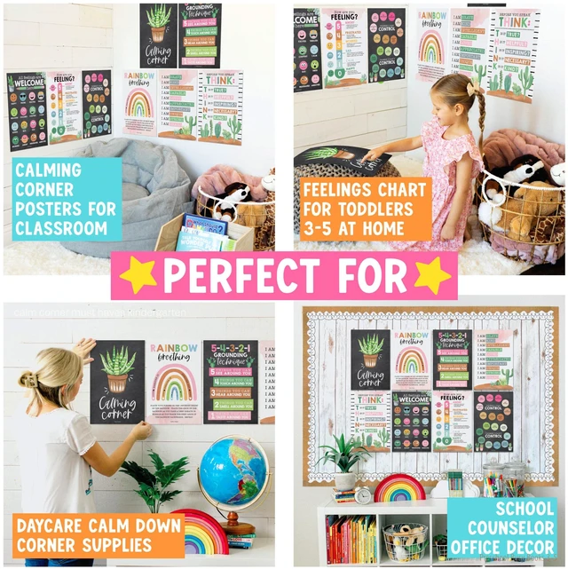 Alt view image 4 of 7 - 8 Calming Corner Classroom Must Haves, Coping & Feelings Poster for Kids Calm Corner Posters with Emotions Chart, School Counselor Mental Health Posters, Feelings Wheel Calming Classroom Decor