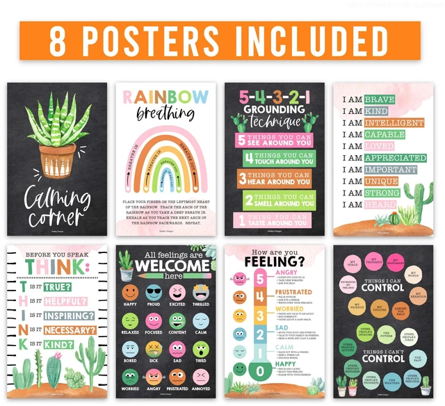 Alt view image 3 of 7 - 8 Calming Corner Classroom Must Haves, Coping & Feelings Poster for Kids Calm Corner Posters with Emotions Chart, School Counselor Mental Health Posters, Feelings Wheel Calming Classroom Decor