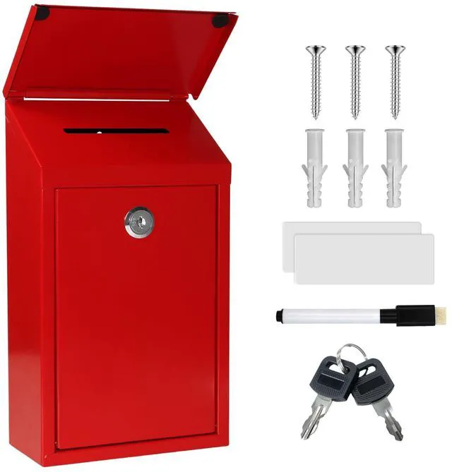Main image of Metal Cash Box 10.2" with 2 Magnetic Whiteboard, Red Money Box 2 Reusable Magnetic Board, 1 Dry-Erase Marker, Waterproof Lid, 3.94in Slot, Wall-Mounted, 3 Keys for Farm Stands & Donation