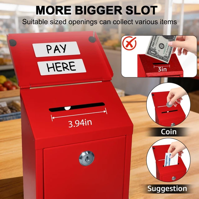 Alt view image 2 of 7 - Metal Cash Box 10.2" with 2 Magnetic Whiteboard, Red Money Box 2 Reusable Magnetic Board, 1 Dry-Erase Marker, Waterproof Lid, 3.94in Slot, Wall-Mounted, 3 Keys for Farm Stands & Donation