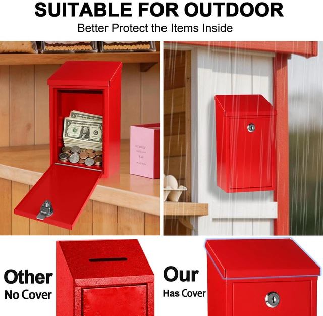 Alt view image 3 of 7 - Metal Cash Box 10.2" with 2 Magnetic Whiteboard, Red Money Box 2 Reusable Magnetic Board, 1 Dry-Erase Marker, Waterproof Lid, 3.94in Slot, Wall-Mounted, 3 Keys for Farm Stands & Donation