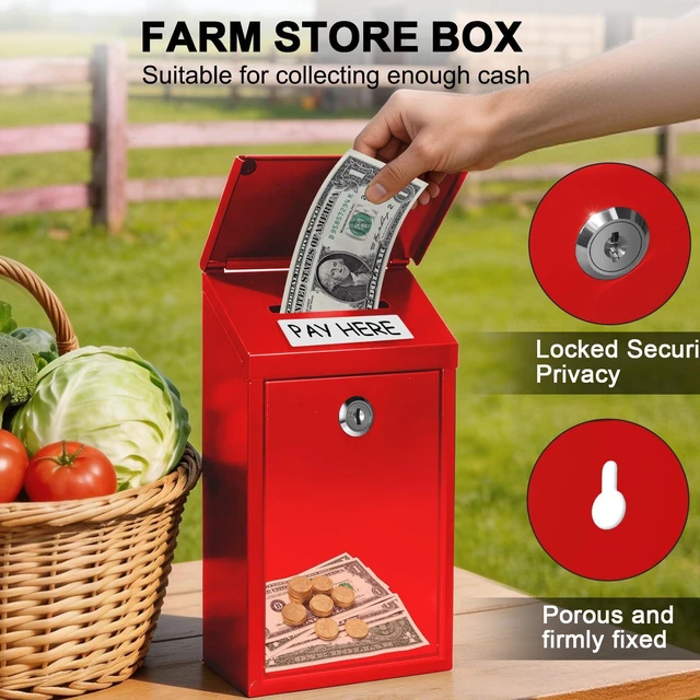 Alt view image 4 of 7 - Metal Cash Box 10.2" with 2 Magnetic Whiteboard, Red Money Box 2 Reusable Magnetic Board, 1 Dry-Erase Marker, Waterproof Lid, 3.94in Slot, Wall-Mounted, 3 Keys for Farm Stands & Donation