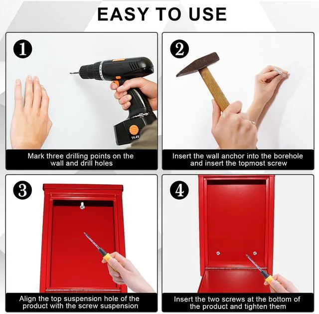 Alt view image 5 of 7 - Metal Cash Box 10.2" with 2 Magnetic Whiteboard, Red Money Box 2 Reusable Magnetic Board, 1 Dry-Erase Marker, Waterproof Lid, 3.94in Slot, Wall-Mounted, 3 Keys for Farm Stands & Donation