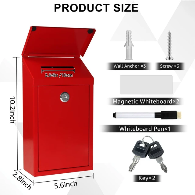 Alt view image 6 of 7 - Metal Cash Box 10.2" with 2 Magnetic Whiteboard, Red Money Box 2 Reusable Magnetic Board, 1 Dry-Erase Marker, Waterproof Lid, 3.94in Slot, Wall-Mounted, 3 Keys for Farm Stands & Donation