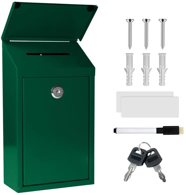 Main image of Metal Cash Box 10.2" with 2 Magnetic Whiteboard, Green 2 Reusable Magnetic Board, 1 Dry-Erase Marker, Waterproof Lid, 3.94in Slot, 3 Keys for Farm Stands & Donation