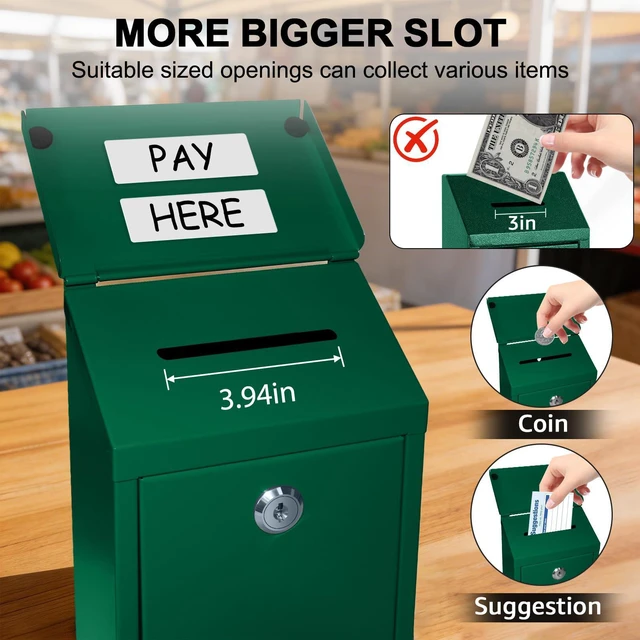 Alt view image 3 of 7 - Metal Cash Box 10.2" with 2 Magnetic Whiteboard, Green 2 Reusable Magnetic Board, 1 Dry-Erase Marker, Waterproof Lid, 3.94in Slot, 3 Keys for Farm Stands & Donation
