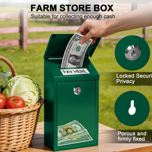 Alt view image 5 of 7 - Metal Cash Box 10.2" with 2 Magnetic Whiteboard, Green 2 Reusable Magnetic Board, 1 Dry-Erase Marker, Waterproof Lid, 3.94in Slot, 3 Keys for Farm Stands & Donation