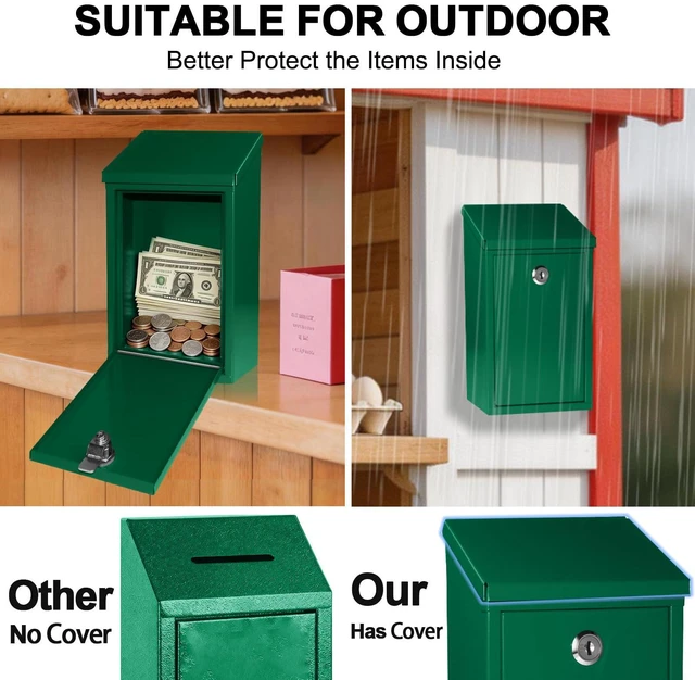 Alt view image 4 of 7 - Metal Cash Box 10.2" with 2 Magnetic Whiteboard, Green 2 Reusable Magnetic Board, 1 Dry-Erase Marker, Waterproof Lid, 3.94in Slot, 3 Keys for Farm Stands & Donation