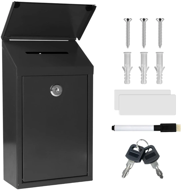 Main image of Metal Cash Box 10.2" with 2 Magnetic Whiteboard, Black Money Box 2 Reusable Magnetic Board, 1 Dry-Erase Marker, Waterproof Lid, 3.94in Slot, Wall-mounted, 3 Keys for Farm Stands & Donation