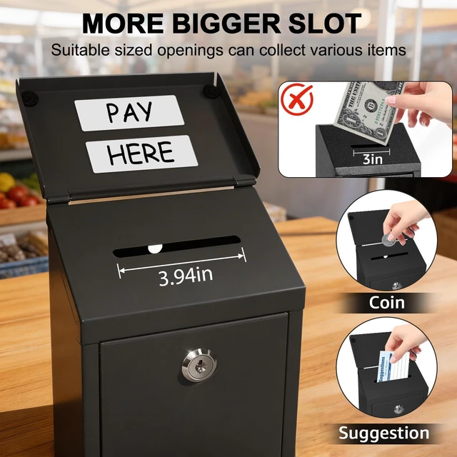 Alt view image 2 of 7 - Metal Cash Box 10.2" with 2 Magnetic Whiteboard, Black Money Box 2 Reusable Magnetic Board, 1 Dry-Erase Marker, Waterproof Lid, 3.94in Slot, Wall-mounted, 3 Keys for Farm Stands & Donation