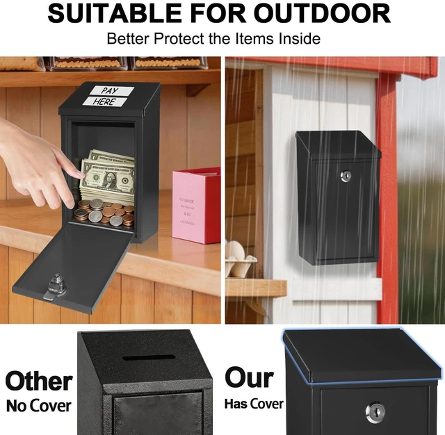 Alt view image 3 of 7 - Metal Cash Box 10.2" with 2 Magnetic Whiteboard, Black Money Box 2 Reusable Magnetic Board, 1 Dry-Erase Marker, Waterproof Lid, 3.94in Slot, Wall-mounted, 3 Keys for Farm Stands & Donation
