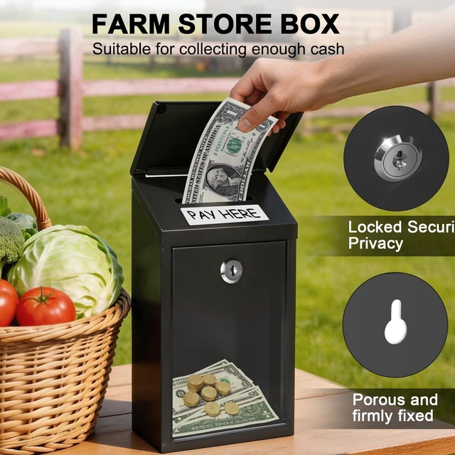 Alt view image 4 of 7 - Metal Cash Box 10.2" with 2 Magnetic Whiteboard, Black Money Box 2 Reusable Magnetic Board, 1 Dry-Erase Marker, Waterproof Lid, 3.94in Slot, Wall-mounted, 3 Keys for Farm Stands & Donation