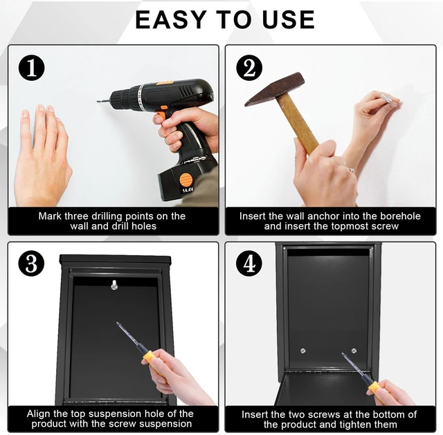 Alt view image 5 of 7 - Metal Cash Box 10.2" with 2 Magnetic Whiteboard, Black Money Box 2 Reusable Magnetic Board, 1 Dry-Erase Marker, Waterproof Lid, 3.94in Slot, Wall-mounted, 3 Keys for Farm Stands & Donation