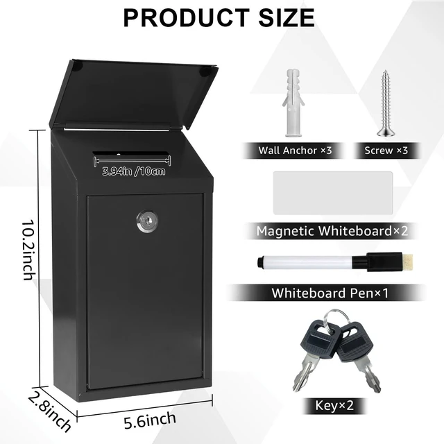 Alt view image 6 of 7 - Metal Cash Box 10.2" with 2 Magnetic Whiteboard, Black Money Box 2 Reusable Magnetic Board, 1 Dry-Erase Marker, Waterproof Lid, 3.94in Slot, Wall-mounted, 3 Keys for Farm Stands & Donation