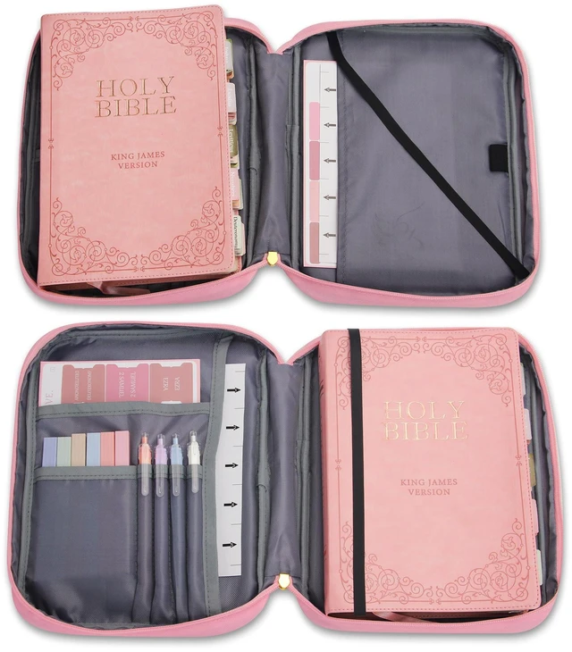 Alt view image 5 of 7 - Bible Cover for Women, Bible Holder, Bible Study Supplies Accessories Bible Cover Carrier Carrying Organizer Bag, Zipper and Pockets for Standard Size Bible, Gift for Womenpinksuit