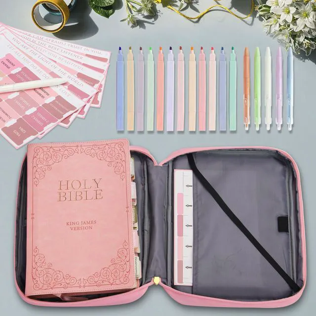 Alt view image 4 of 7 - Bible Cover for Women, Bible Holder, Bible Study Supplies Accessories Bible Cover Carrier Carrying Organizer Bag, Zipper and Pockets for Standard Size Bible, Gift for Womenpinksuit