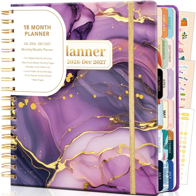 Main image of Planner 2026-2027 18 Month Weekly Monthly Calendar Daily Planners July 2026-Dec 2027, Yearly Hardcover 26-27 Planner for Women with Stickers Tabs Spiral Bound Agenda, Purple Marble, 8.3"x9.1