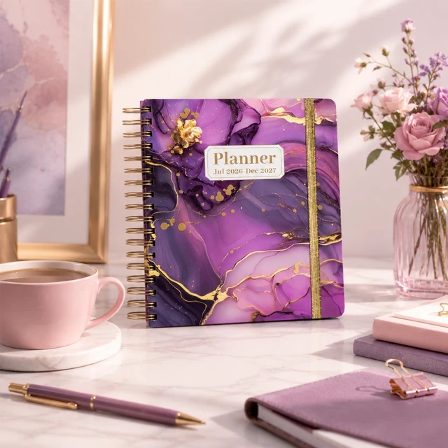 Alt view image 2 of 7 - Planner 2026-2027 18 Month Weekly Monthly Calendar Daily Planners July 2026-Dec 2027, Yearly Hardcover 26-27 Planner for Women with Stickers Tabs Spiral Bound Agenda, Purple Marble, 8.3"x9.1