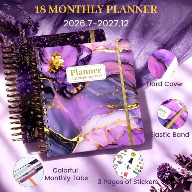 Alt view image 4 of 7 - Planner 2026-2027 18 Month Weekly Monthly Calendar Daily Planners July 2026-Dec 2027, Yearly Hardcover 26-27 Planner for Women with Stickers Tabs Spiral Bound Agenda, Purple Marble, 8.3"x9.1