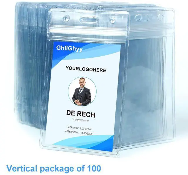 Alt view image 2 of 7 - 100 Pack Extra Thick Name Badge Holders, Heavy Duty & Sealable Waterproof Vertical ID Badge Holders, Durable Clear PVC Plastic Badge Sleeve for Credit Card/Shcool Work Badge/Room Key/RFID