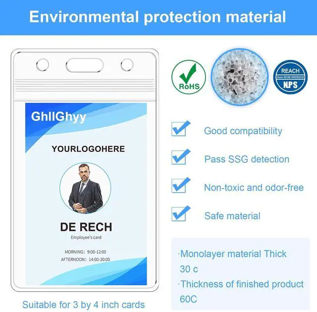 Alt view image 5 of 7 - 100 Pack Extra Thick Name Badge Holders, Heavy Duty & Sealable Waterproof Vertical ID Badge Holders, Durable Clear PVC Plastic Badge Sleeve for Credit Card/Shcool Work Badge/Room Key/RFID