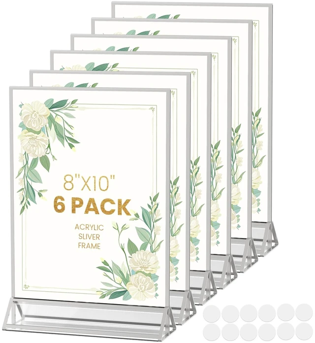 Main image of 8X10 Silver Picture Frames Double-Sided Acrylic Sign Holder, 6PCS 8X10 Silver Frames for Menu Holder Wedding Table Number Holder Christmas Photo Frames with Clear Sticky Dots