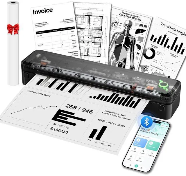 Main image of A8 Portable Thermal Printer, Wireless Bluetooth Inkless Printer for Travel, Supports 8.5" x 11" US Letter and A4 Thermal Paper, Compatible with iPhone, Android, Windows, Mac for Home Office