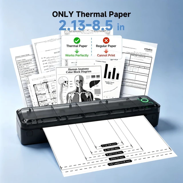Alt view image 3 of 7 - A8 Portable Thermal Printer, Wireless Bluetooth Inkless Printer for Travel, Supports 8.5" x 11" US Letter and A4 Thermal Paper, Compatible with iPhone, Android, Windows, Mac for Home Office