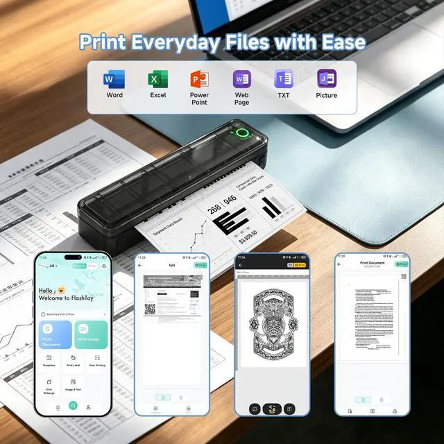 Alt view image 7 of 7 - A8 Portable Thermal Printer, Wireless Bluetooth Inkless Printer for Travel, Supports 8.5" x 11" US Letter and A4 Thermal Paper, Compatible with iPhone, Android, Windows, Mac for Home Office