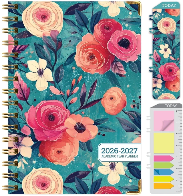 Main image of HARDCOVER Academic Year 2026-2027 Planner: 14 Months (May 2026 Through June 2027) 5.5"x 8" Daily Weekly Monthly Planner Yearly Agenda. Bookmark, Pocket Folder and Sticky Note Set (Teal Floral)